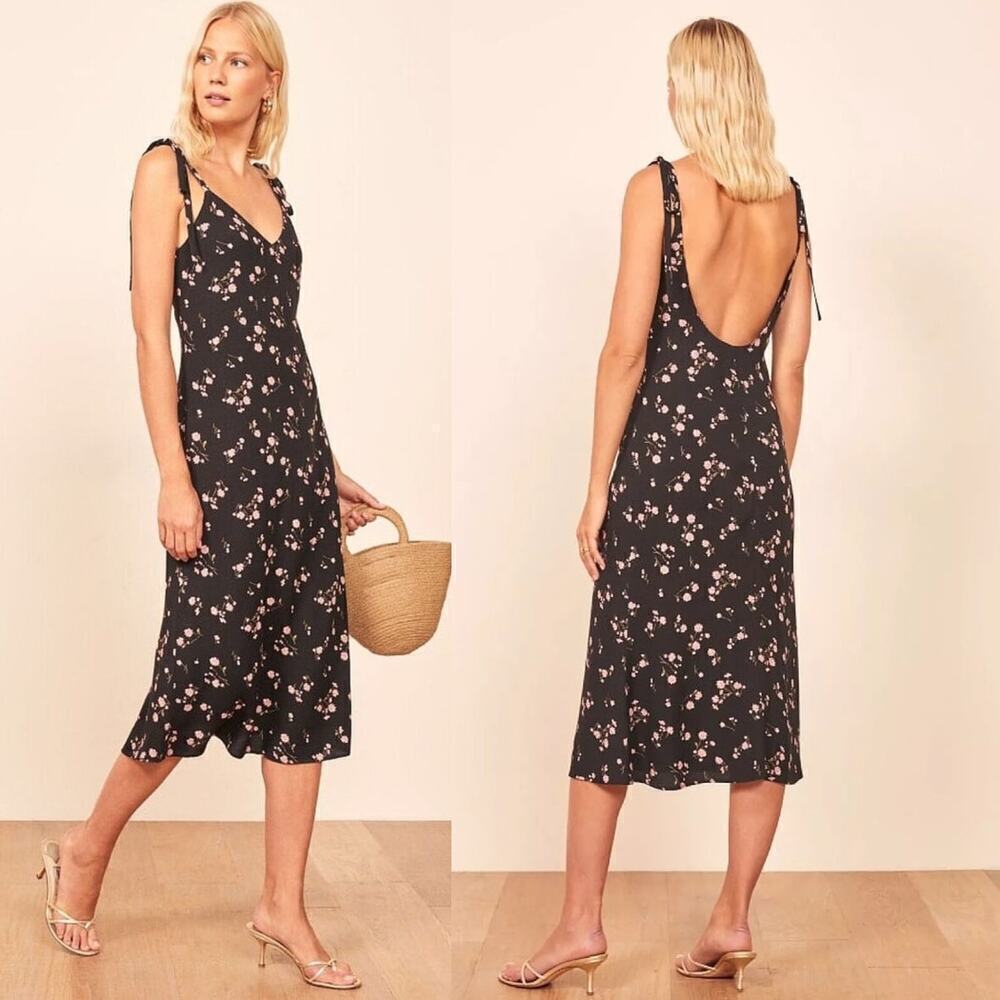 Reformation Jade Floral Open Back Midi Dress Black Pink V-Neck Cruise Size XS